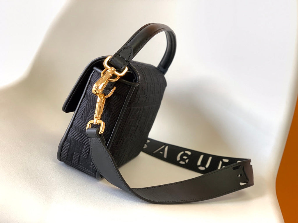 FENDI Fend Baguette Black Canvas Bag 27 with FF Embroidery Ghw