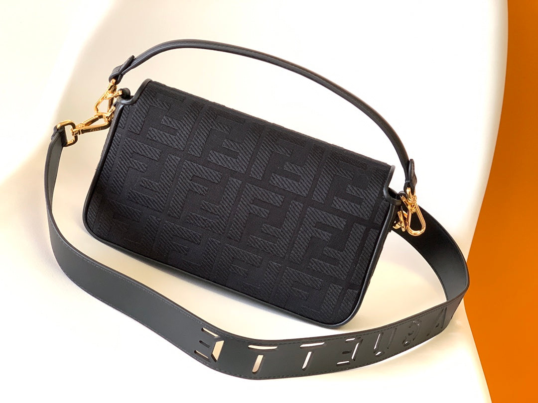 FENDI Fend Baguette Black Canvas Bag 27 with FF Embroidery Ghw
