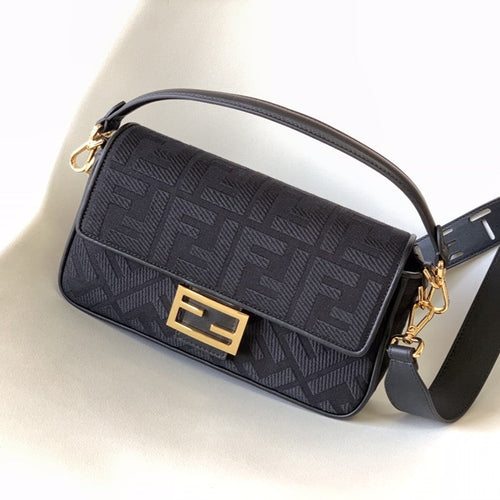 FENDI Fend Baguette Black Canvas Bag 27 with FF Embroidery Ghw