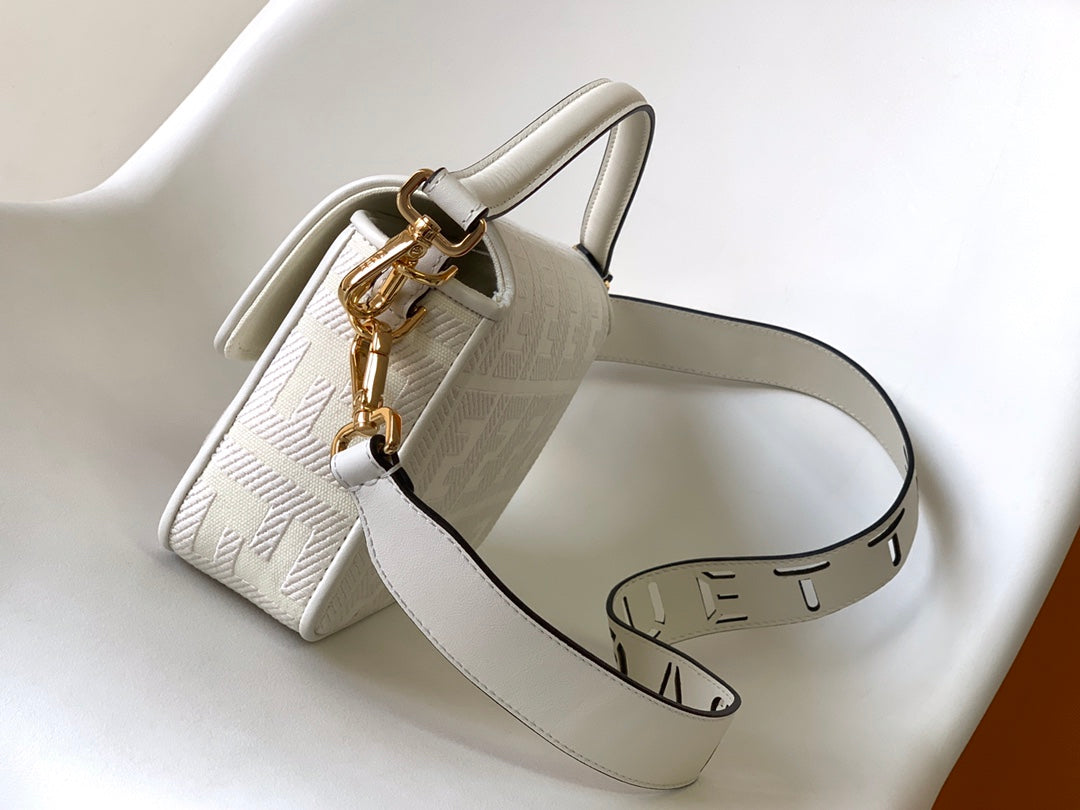 FENDI Fend Baguette White Canvas Bag 27 with FF Embroidery Ghw