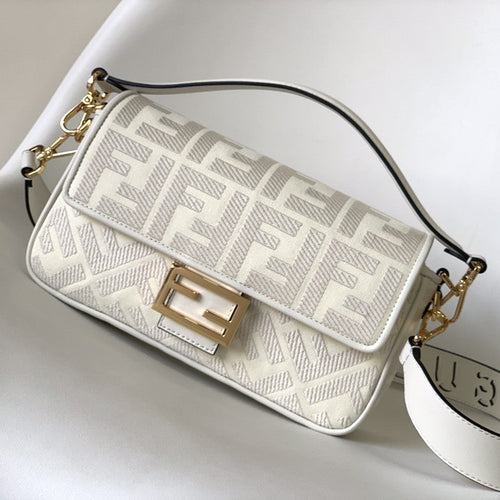 FENDI Fend Baguette White Canvas Bag 27 with FF Embroidery Ghw