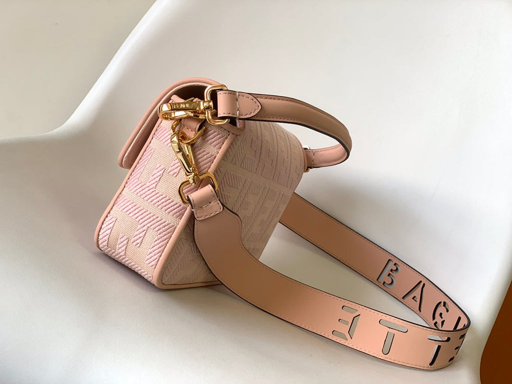 FENDI Fend Baguette Pink Canvas Bag 27 with FF Embroidery Ghw