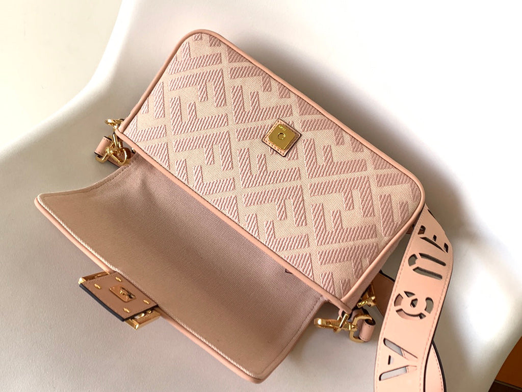 FENDI Fend Baguette Pink Canvas Bag 27 with FF Embroidery Ghw