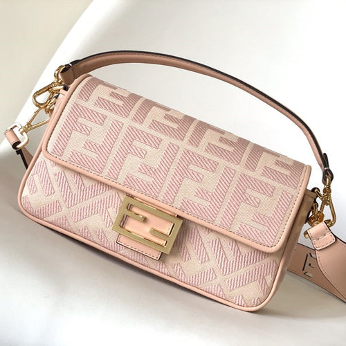 FENDI Fend Baguette Pink Canvas Bag 27 with FF Embroidery Ghw