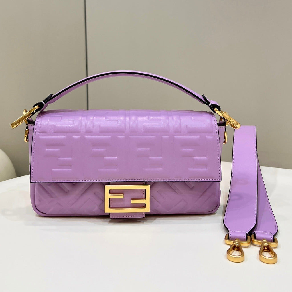 FENDI BAGUETTE WITH FF MOTIF 27 IN MAUVE PURPLE SOFT LAMBSKIN GOLD HARDWARE