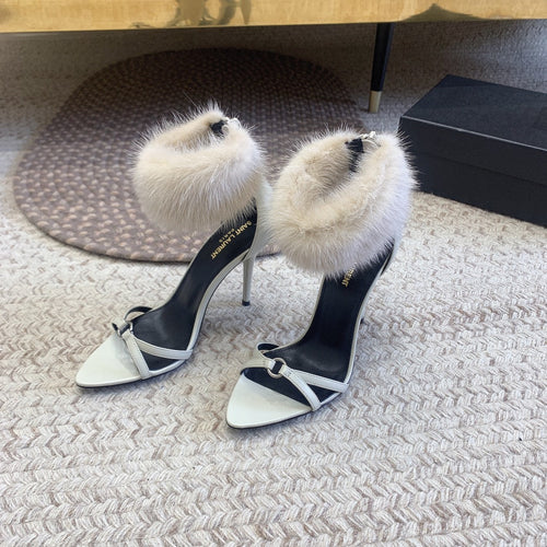 Saint Laurent HIGH HEEL SANDAL IN WHITE POLISHED CALFSKIN AND MINK FUR