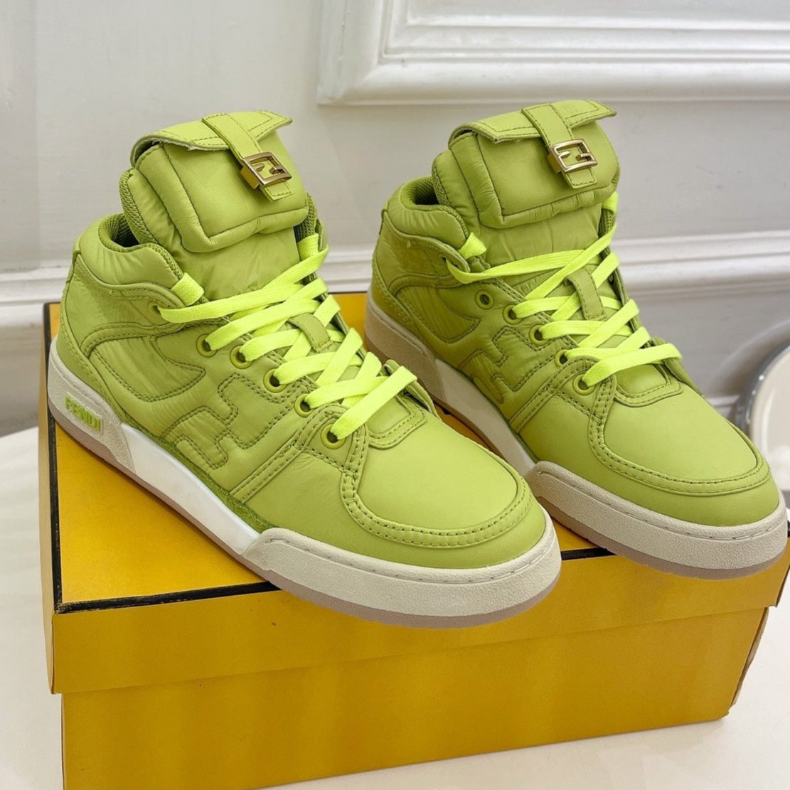 FENDI FENDI LOGO SOCK SNEAKER BOOTS IN YELLOWISH GREEN LAMBSKIN
