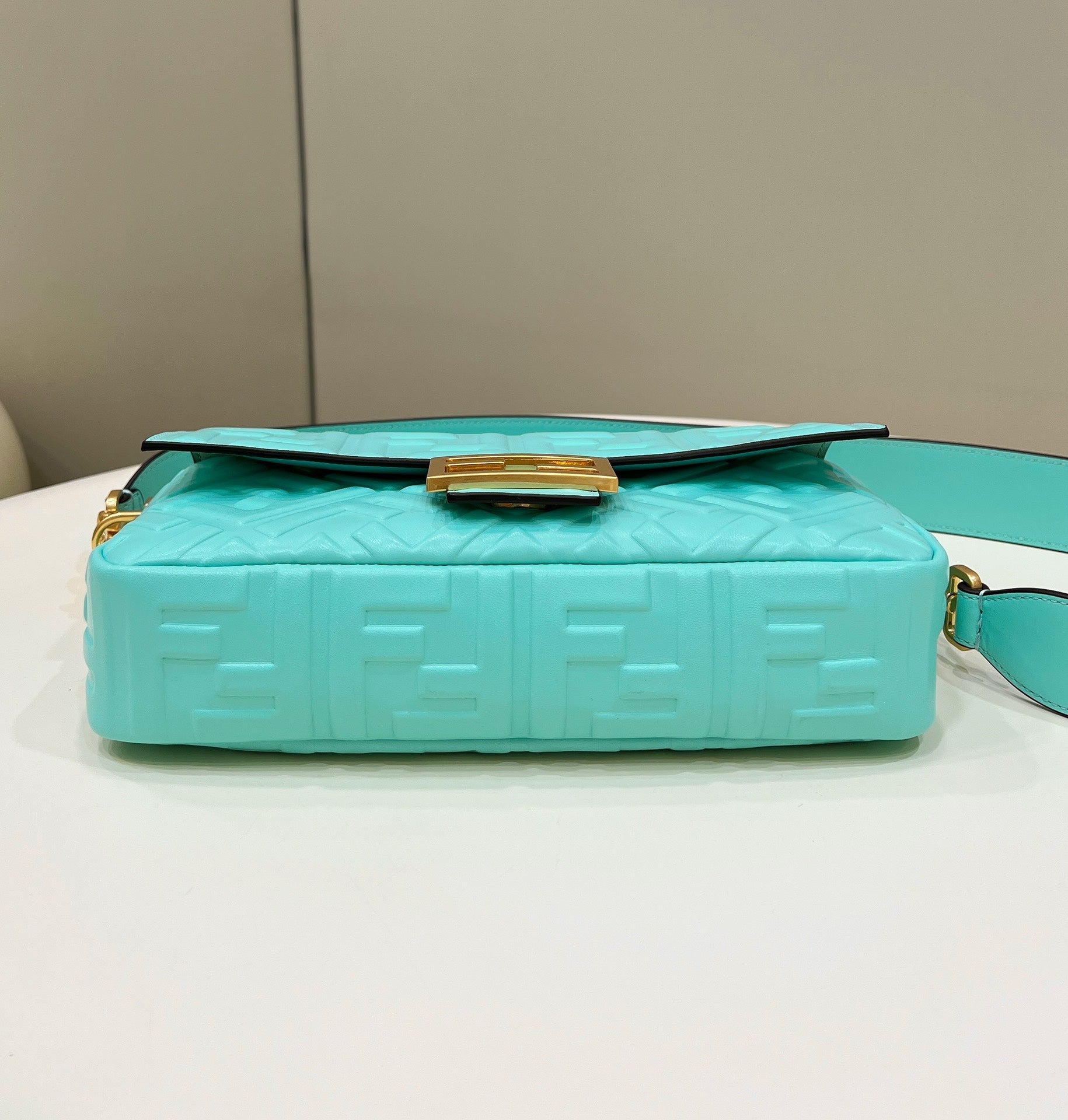 FENDI BAGUETTE WITH FF MOTIF 27 IN TURQUOISE SOFT LAMBSKIN GOLD HARDWARE