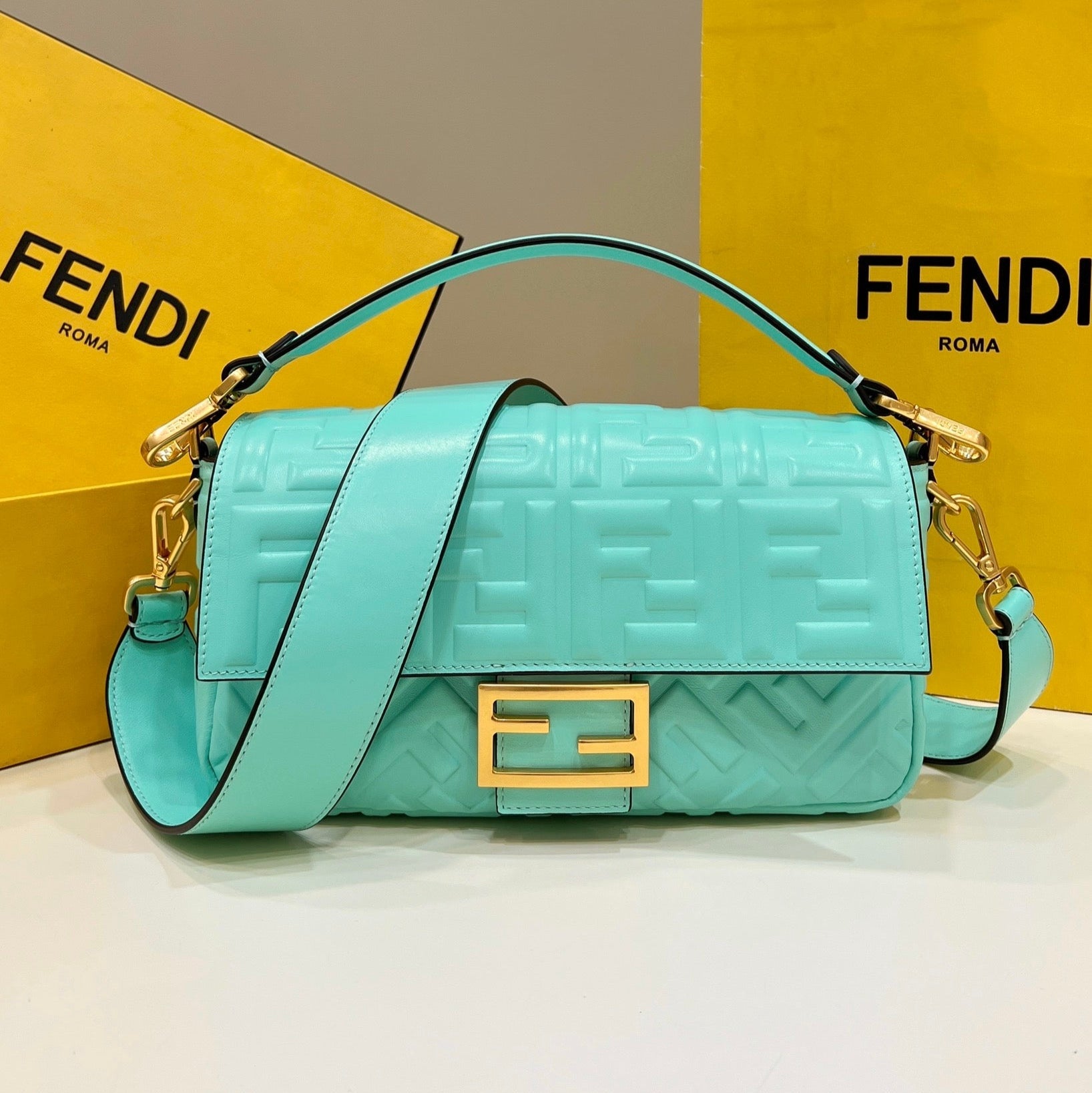 FENDI Baguette 27cm Tiffany Blue Lambskin Gold Hardware