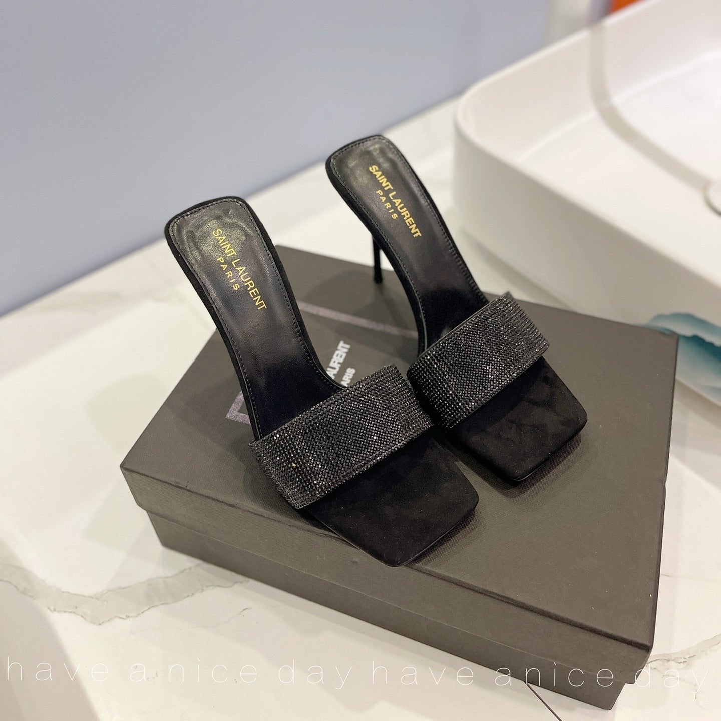 Saint Laurent SL LUCKY BLACK CRYSTAL HIGH HEELS BLACK CALFSKIN