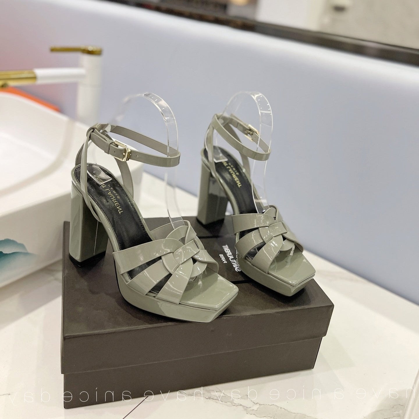 Saint Laurent SL TRIBUTE FLATFORM SANDALS GLOSSY SAGE CALFSKIN