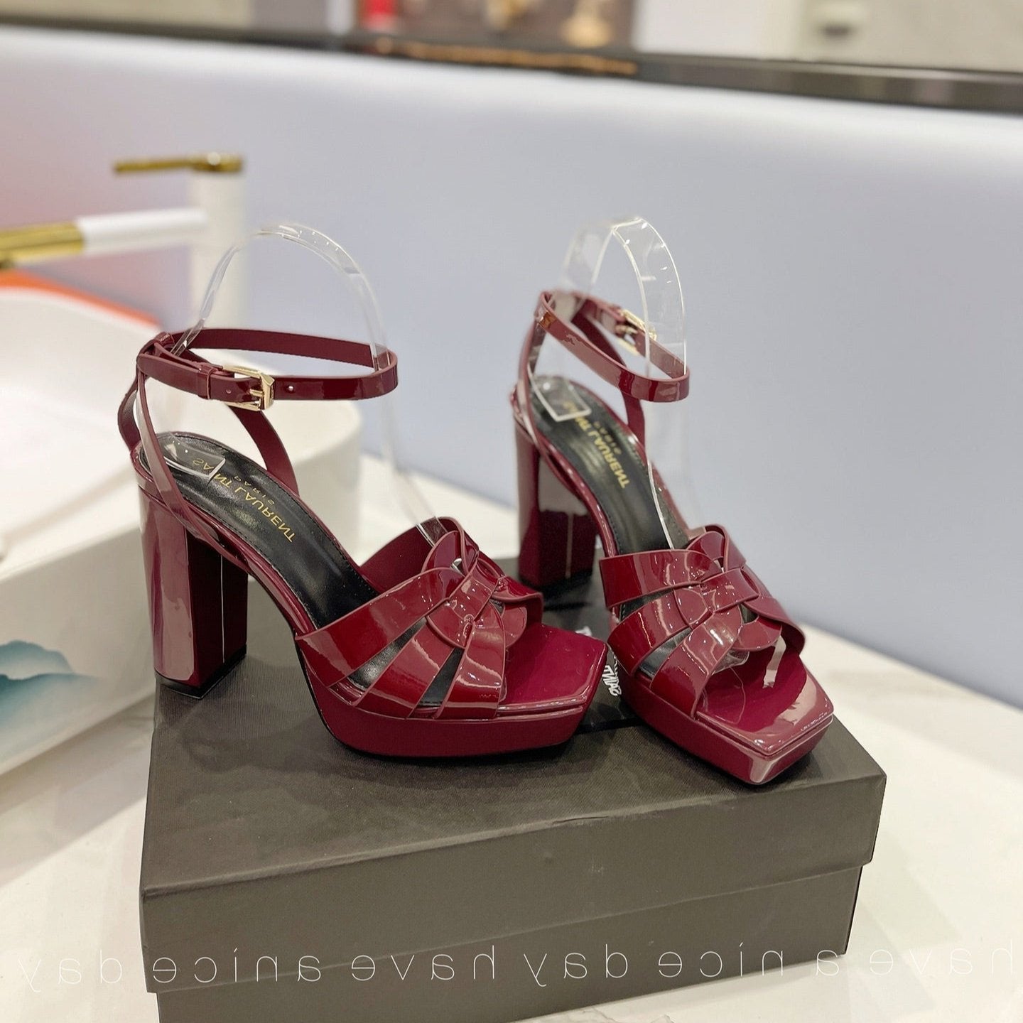 Saint Laurent SL TRIBUTE FLATFORM SANDALS GLOSSY BERRY CALFSKIN