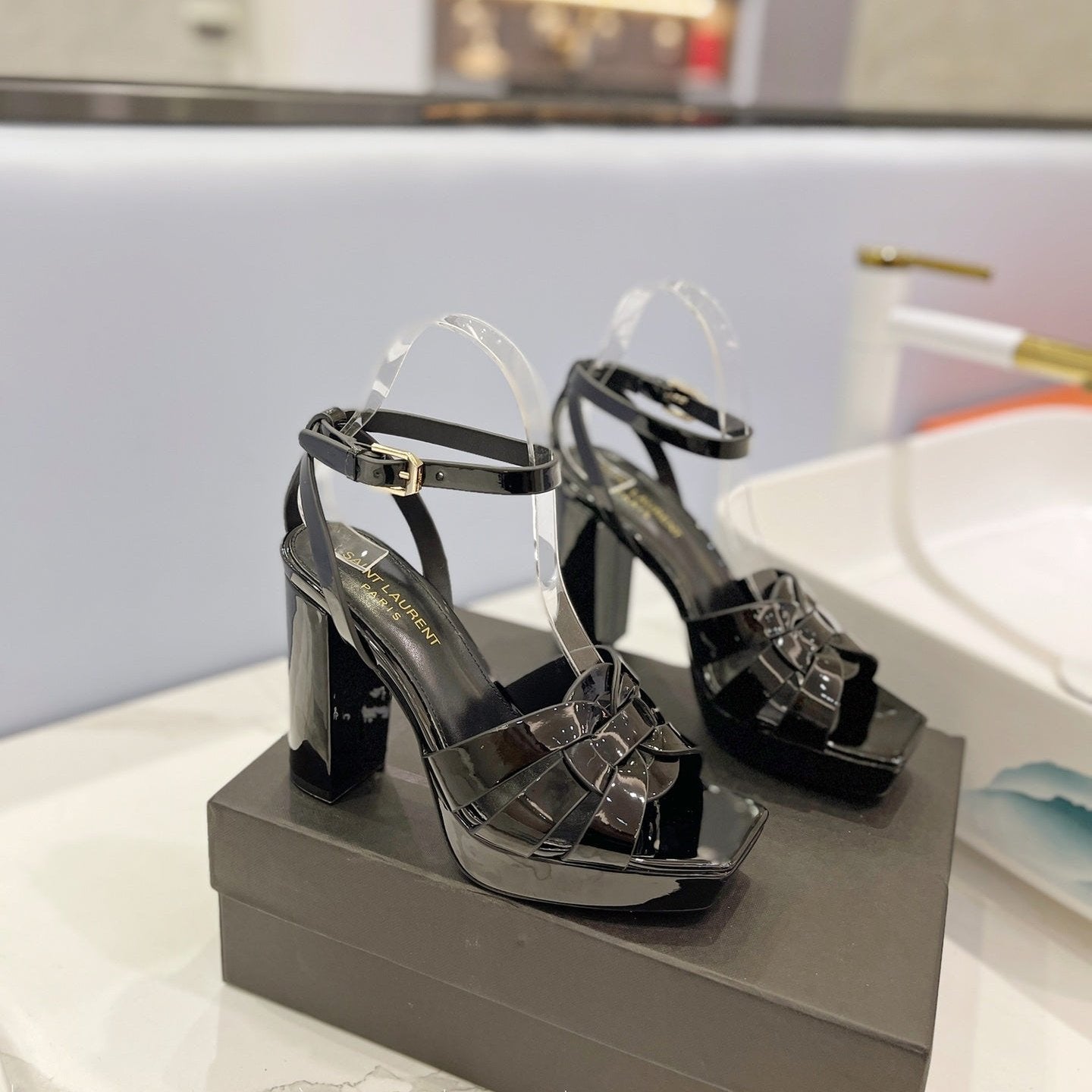 Saint Laurent SL TRIBUTE FLATFORM SANDALS GLOSSY BLACK CALFSKIN