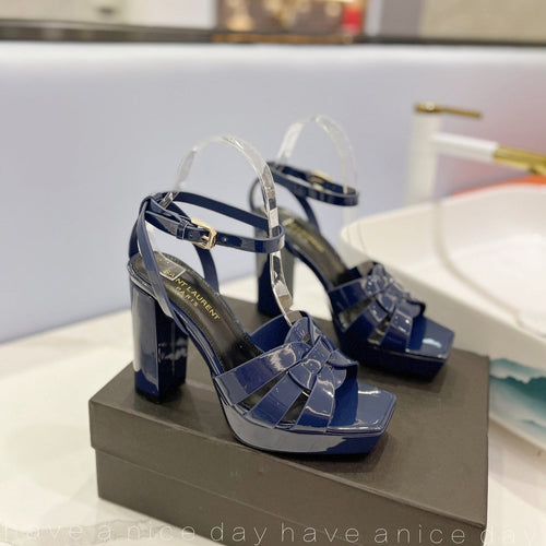 Saint Laurent SL TRIBUTE FLATFORM SANDALS GLOSSY NAVY CALFSKIN