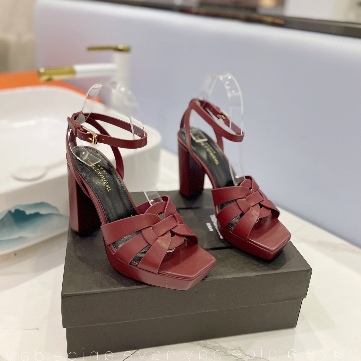 Saint Laurent SL TRIBUTE FLATFORM SANDALS BERRY CALFSKIN