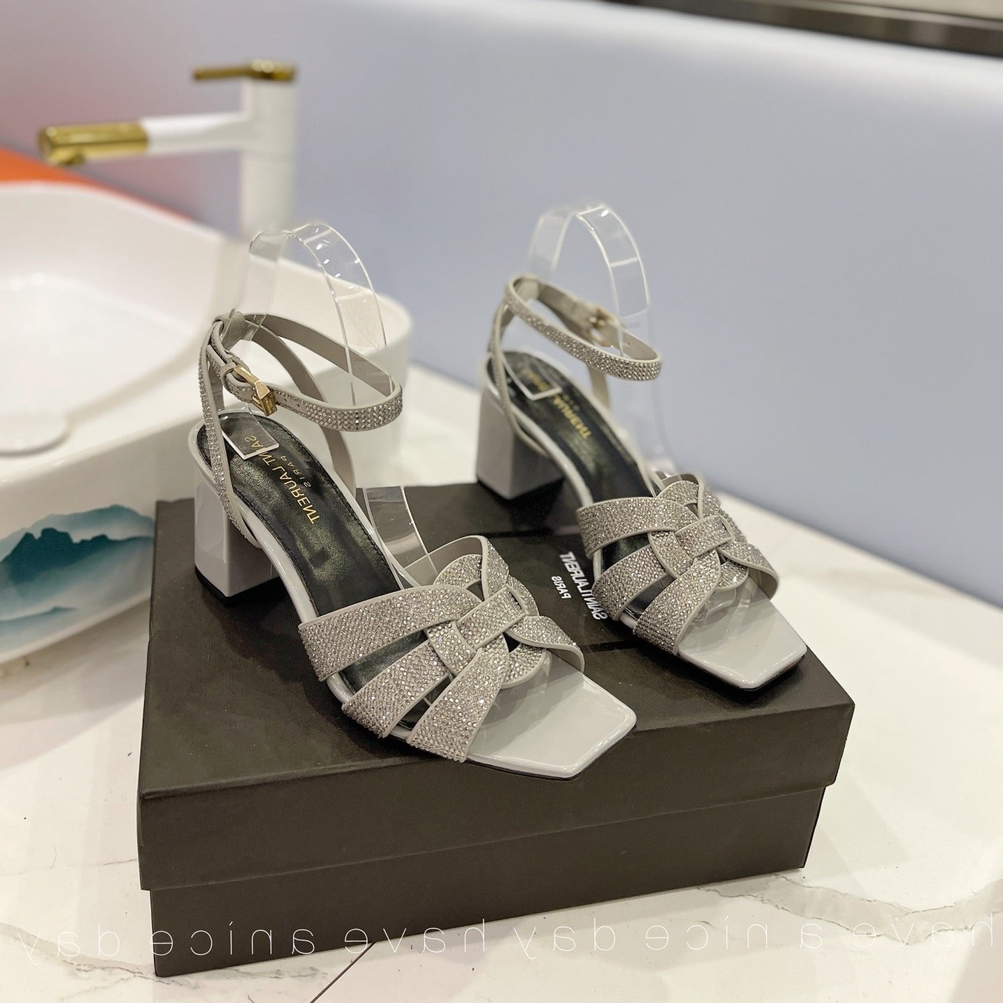 Saint Laurent SL TRIBUTE CRYSTAL SANDALS LIGHT GRAY CALFSKIN