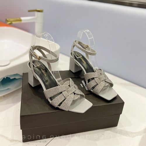 Saint Laurent SL TRIBUTE CRYSTAL SANDALS LIGHT GRAY CALFSKIN