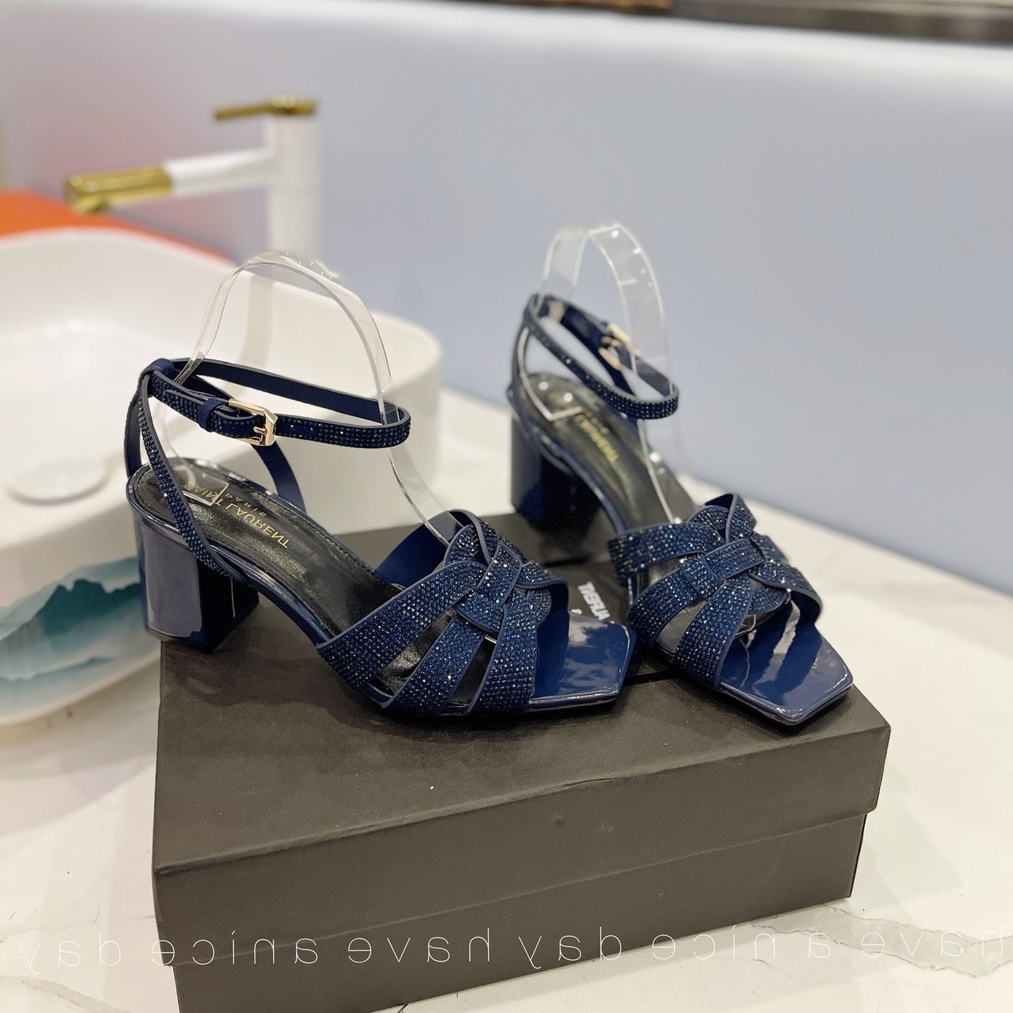 Saint Laurent SL TRIBUTE CRYSTAL SANDALS GLOSSY NAVY CALFSKIN