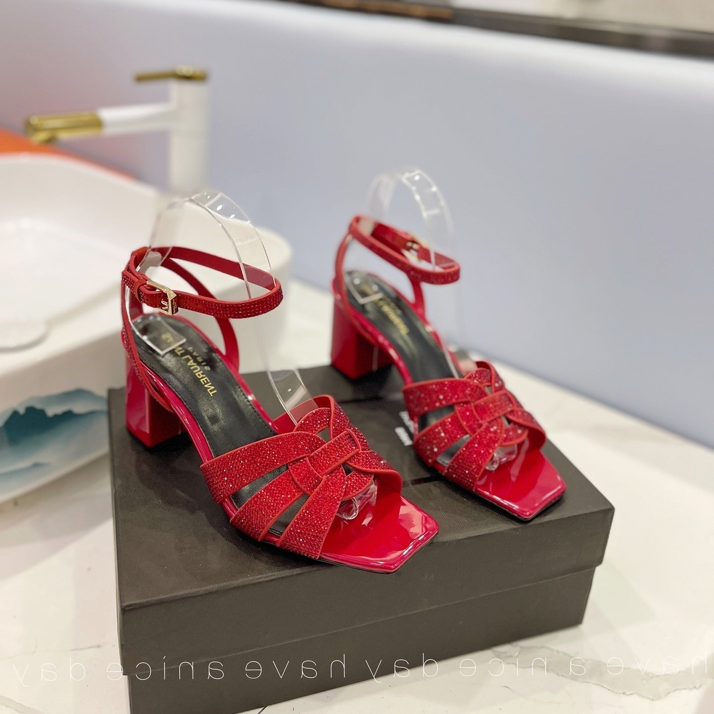 Saint Laurent SL TRIBUTE CRYSTAL SANDALS GLOSSY RED CALFSKIN