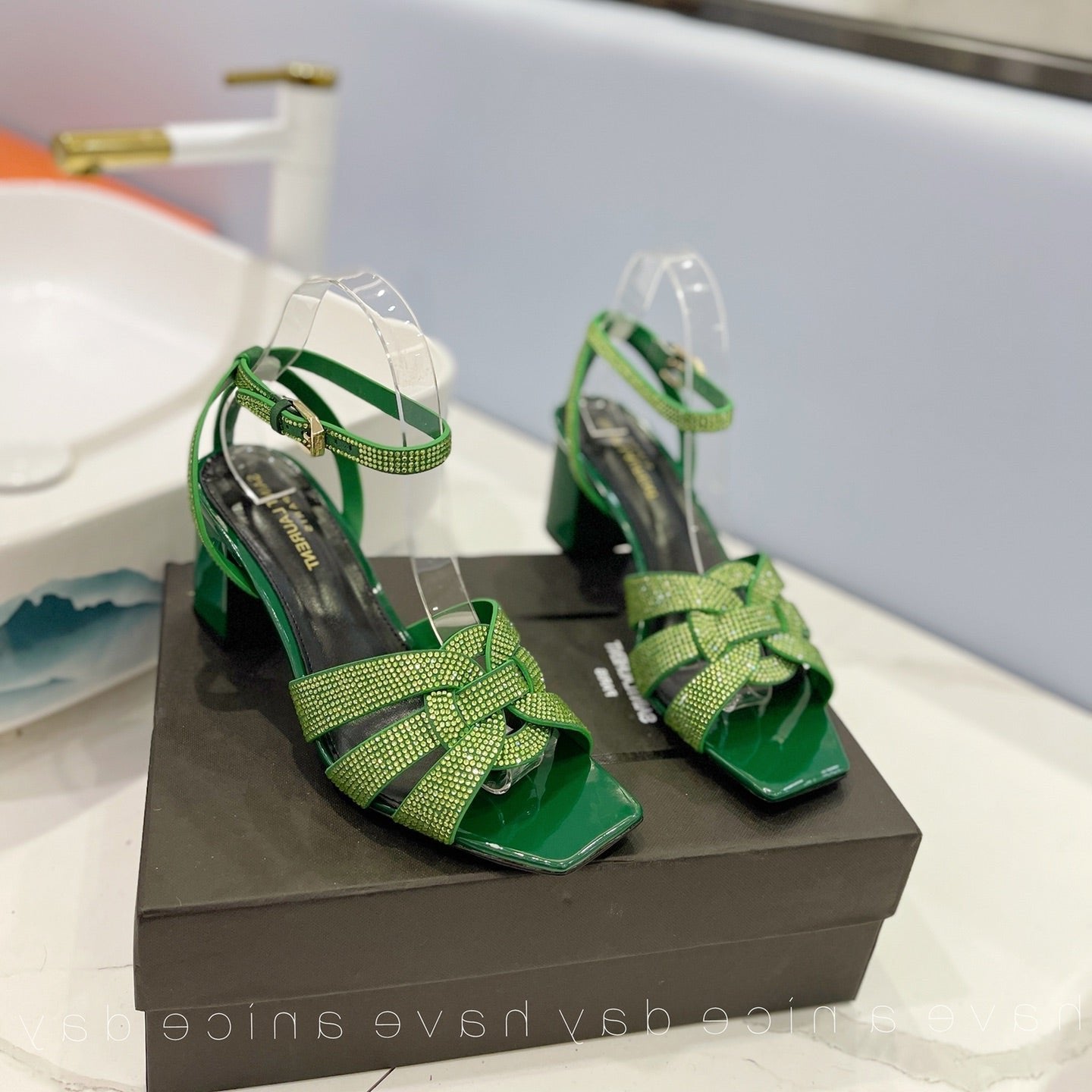 Saint Laurent SL TRIBUTE CRYSTAL SANDALS DARK GREEN CALFSKIN