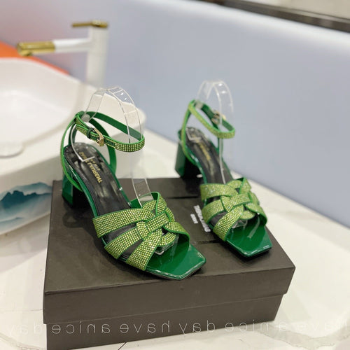 Saint Laurent SL TRIBUTE CRYSTAL SANDALS DARK GREEN CALFSKIN