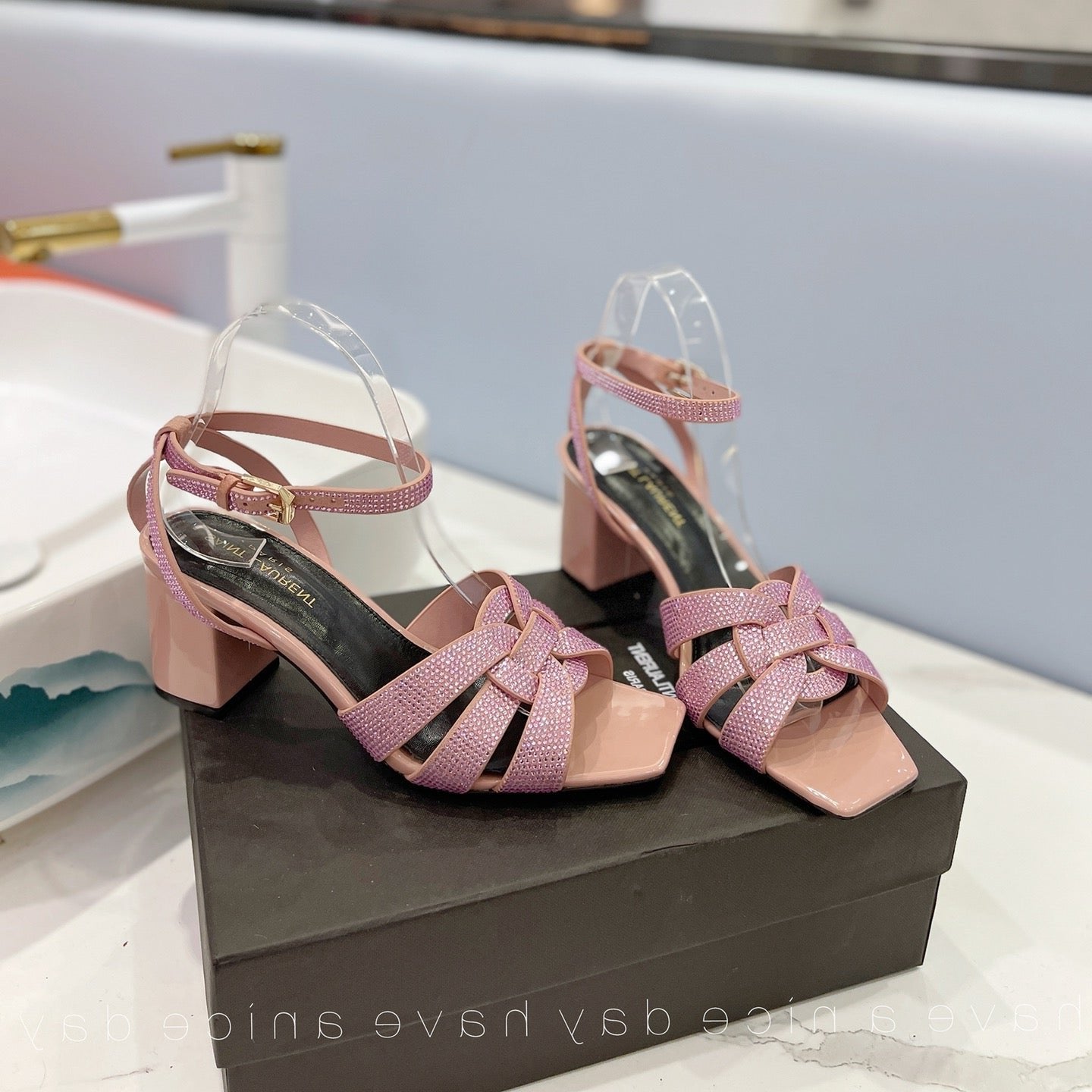 Saint Laurent SL TRIBUTE CRYSTAL SANDALS PASTEL PINK CALFSKIN