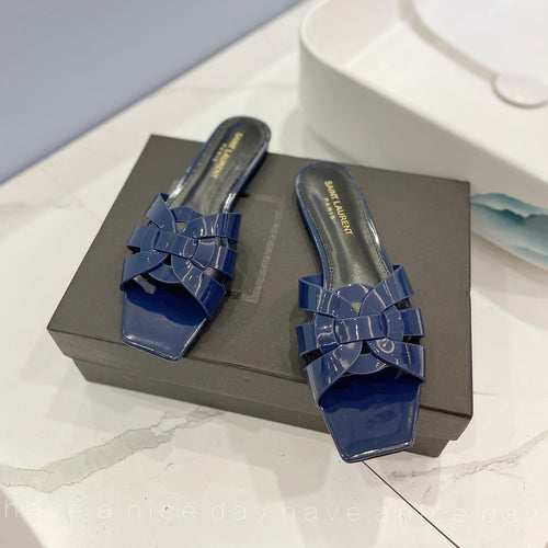 Saint Laurent SL TRIBUTE SLIPPERS GLOSSY NAVY CALFSKIN