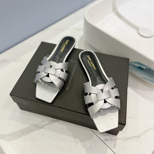 Saint Laurent SL TRIBUTE SLIPPERS SILVER CALFSKIN