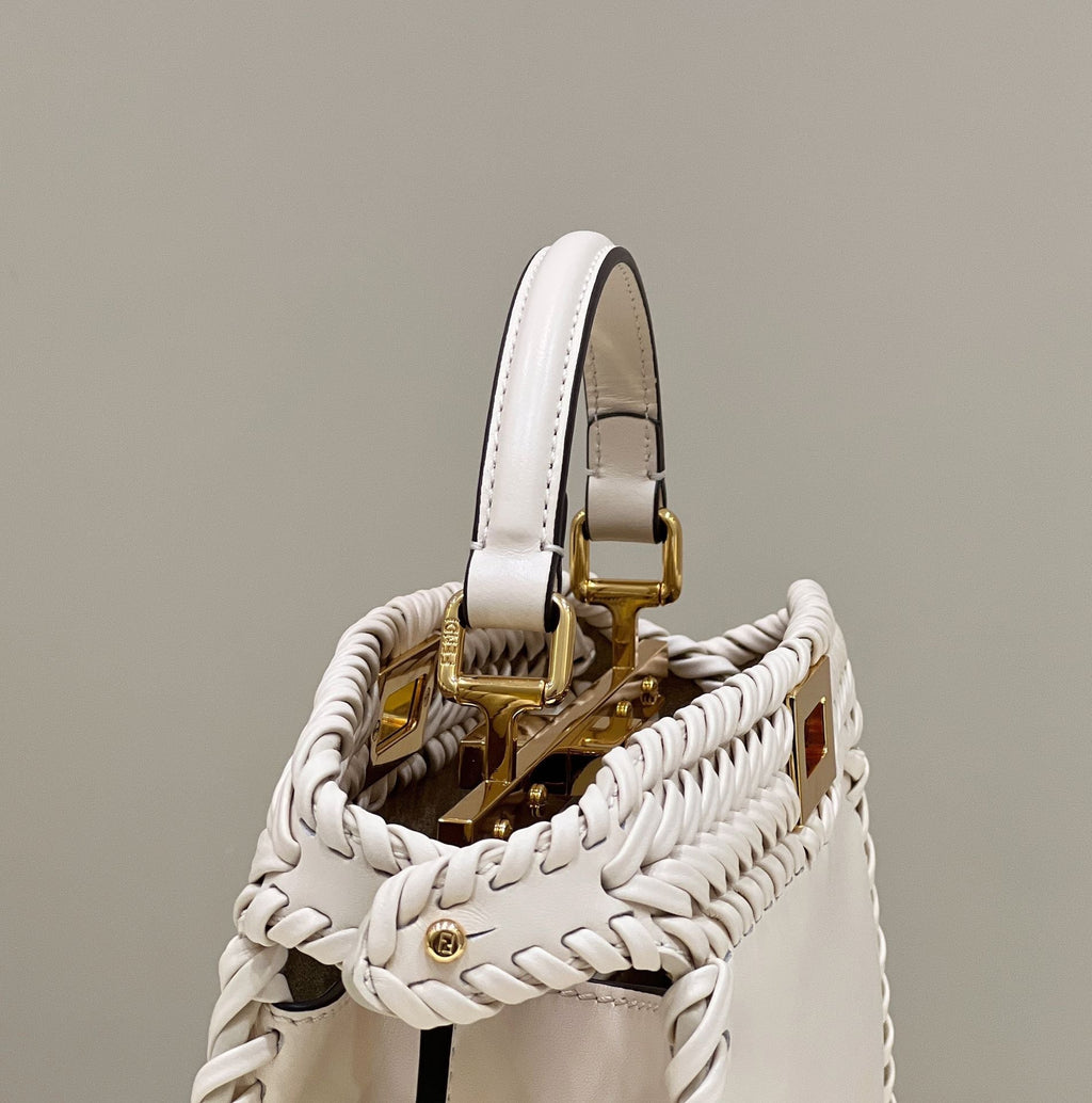 FENDI PEEKABOO ISEEU 27 IN WHITE SMOOTH CALFSKIN WITH WOVEN TRIM GOLD HARDWARE