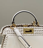 FENDI PEEKABOO ISEEU 27 IN WHITE SMOOTH CALFSKIN WITH WOVEN TRIM GOLD HARDWARE