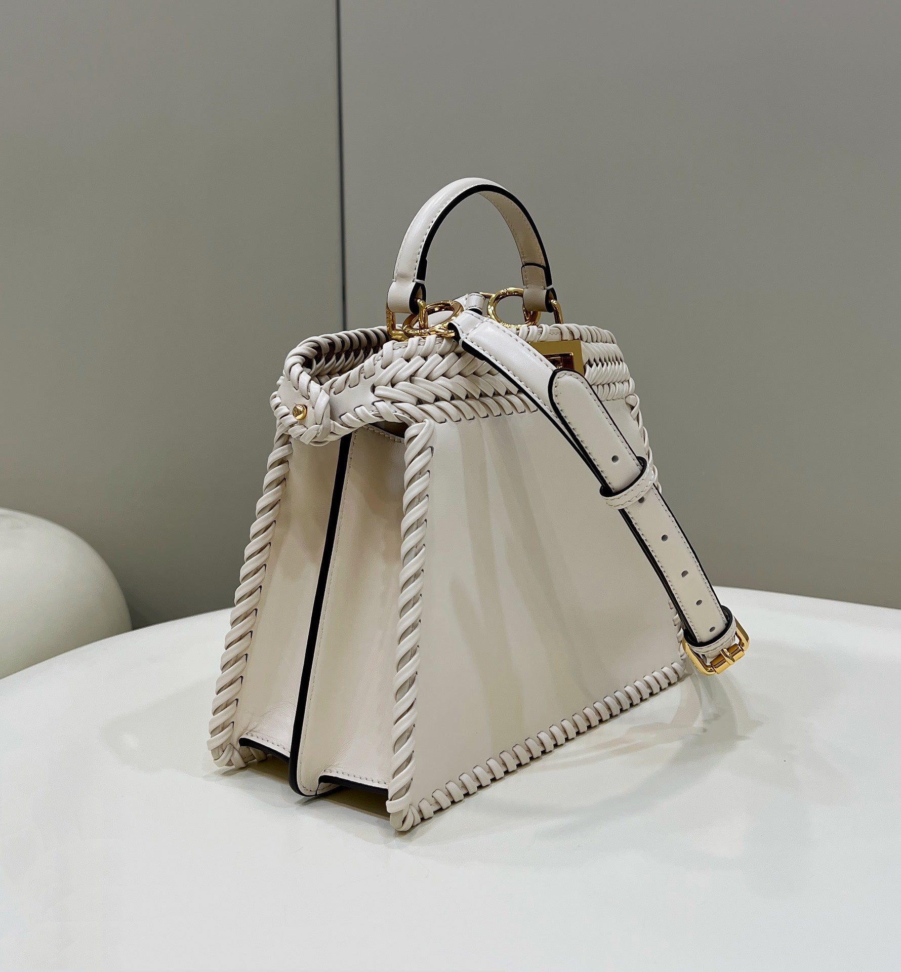 FENDI PEEKABOO ISEEU 27 IN WHITE SMOOTH CALFSKIN WITH WOVEN TRIM GOLD HARDWARE
