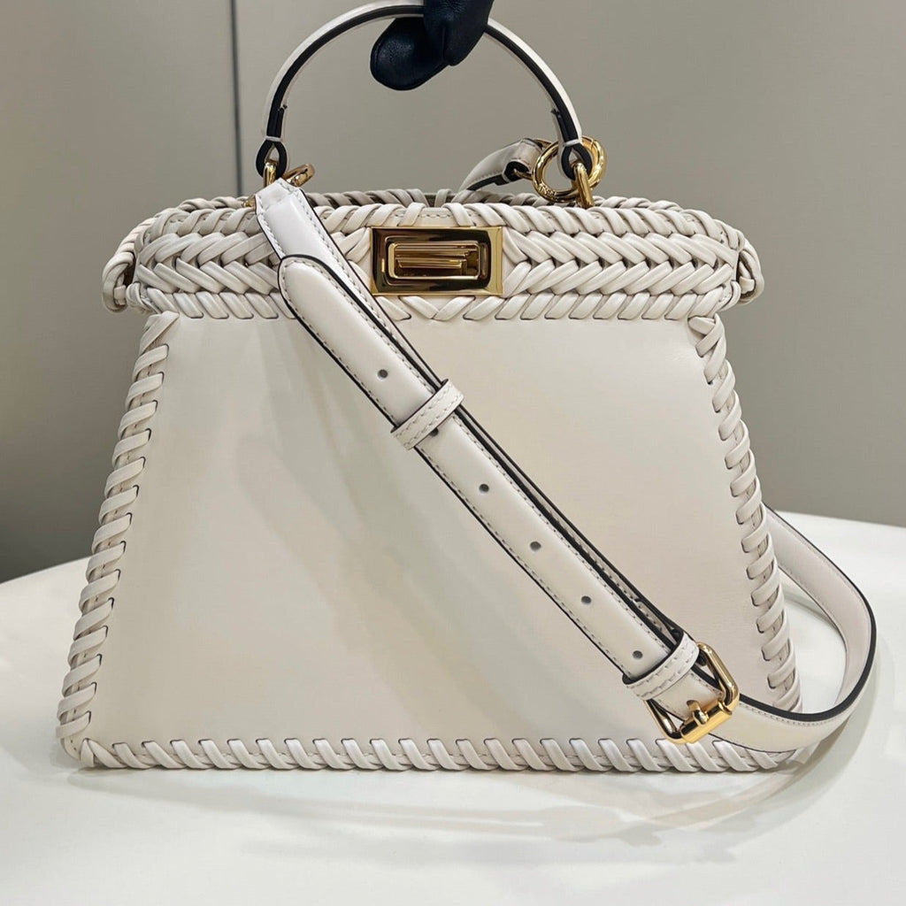 FENDI PEEKABOO ISEEU 27 IN WHITE SMOOTH CALFSKIN WITH WOVEN TRIM GOLD HARDWARE