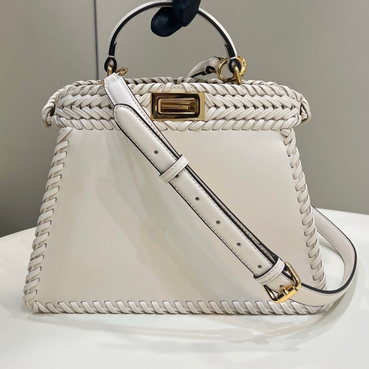 FENDI PEEKABOO ISEEU 27 IN WHITE SMOOTH CALFSKIN WITH WOVEN TRIM GOLD HARDWARE