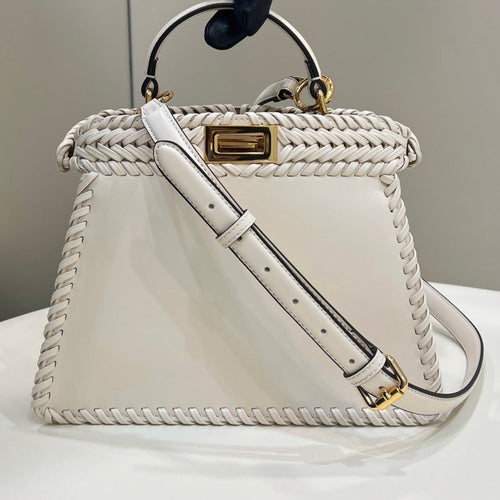 FENDI PEEKABOO ISEEU 27 IN WHITE SMOOTH CALFSKIN WITH WOVEN TRIM GOLD HARDWARE