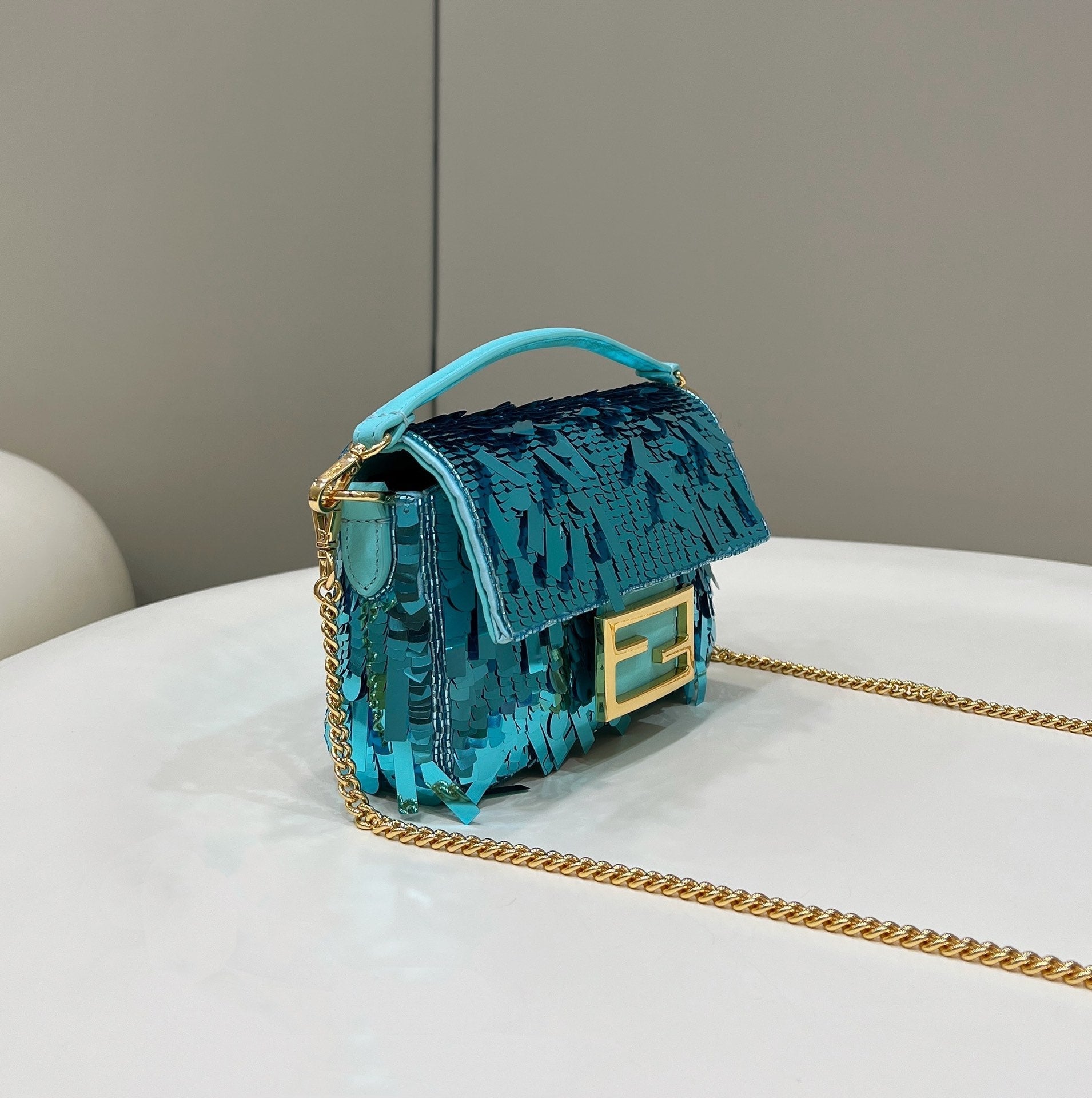 FENDI BAGUETTE MINI 19 IN BRIGHT TURQUOISE SEQUINS GOLD HARDWARE
