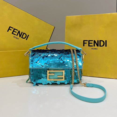 FENDI BAGUETTE MINI 19 IN BRIGHT TURQUOISE SEQUINS GOLD HARDWARE