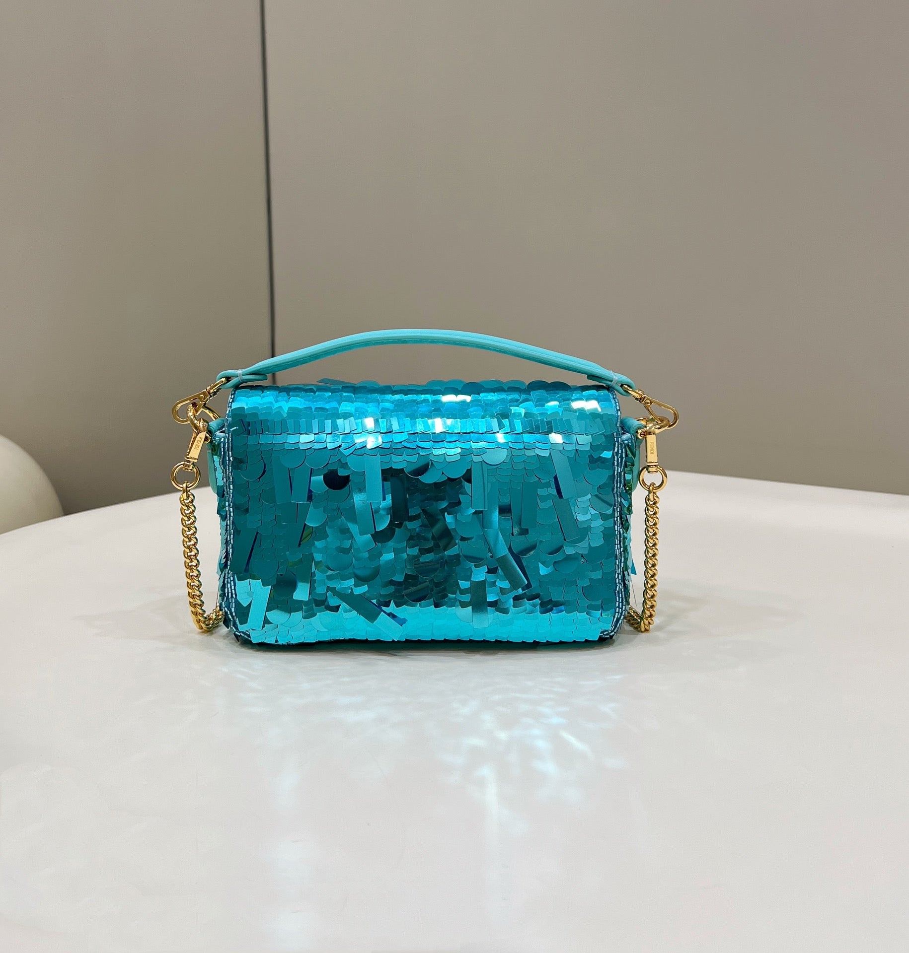 BAGUETTE MINI 19 IN BRIGHT TURQUOISE SEQUINS GOLD HARDWARE