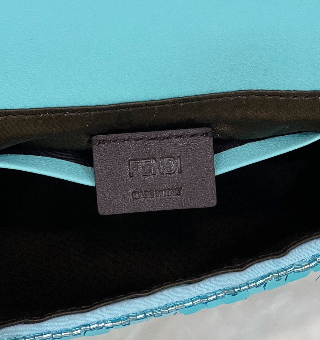 FENDI BAGUETTE MINI 19 IN BRIGHT TURQUOISE SEQUINS GOLD HARDWARE