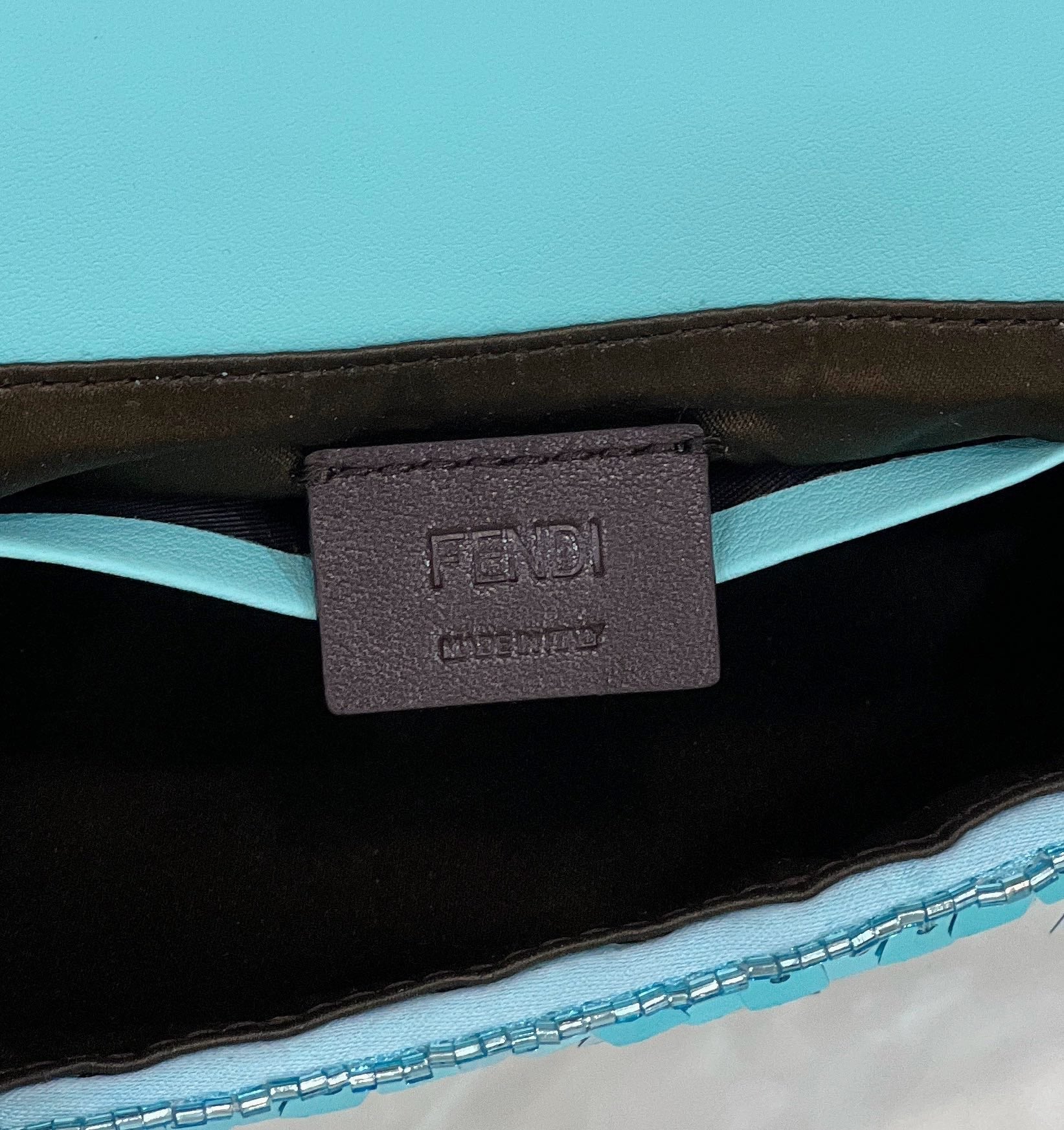 FENDI BAGUETTE MINI 19 IN BRIGHT TURQUOISE SEQUINS GOLD HARDWARE