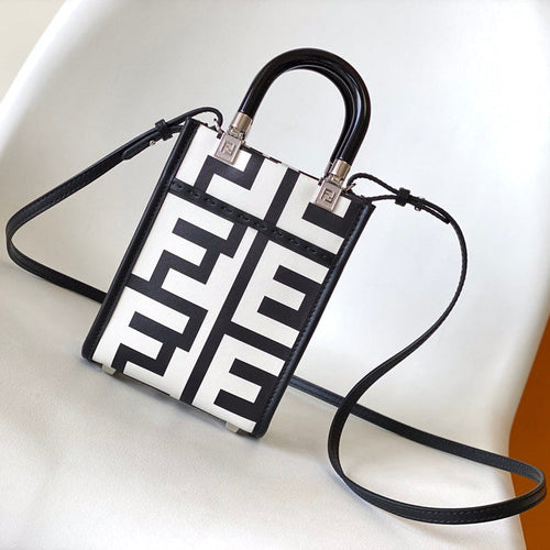 FENDI MINI SUNSHINE SHOPPER BAG 18 IN WHITE MIX BLACK SMOOTH CALFSKIN