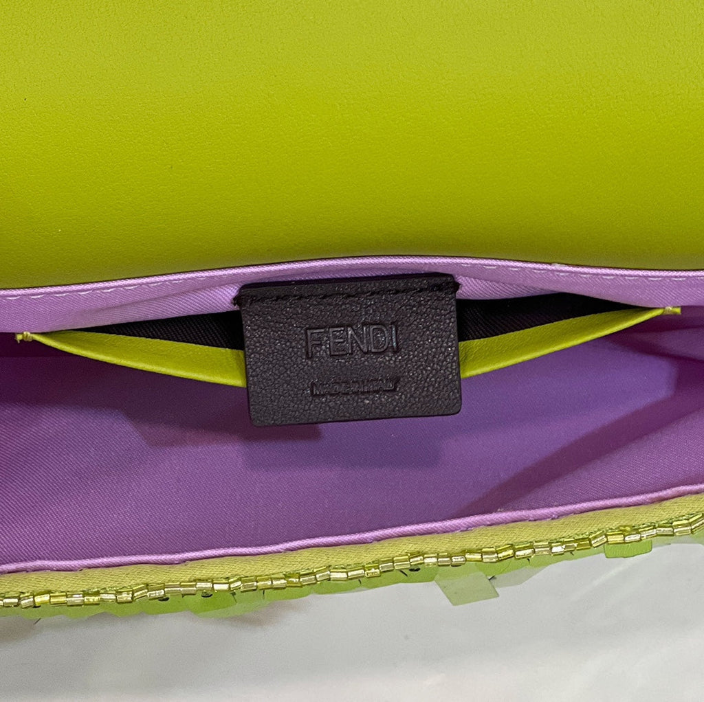 FENDI BAGUETTE MINI 19 IN LIMERICK GREEN SEQUINS GOLD HARDWARE