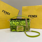 FENDI BAGUETTE MINI 19 IN LIMERICK GREEN SEQUINS GOLD HARDWARE