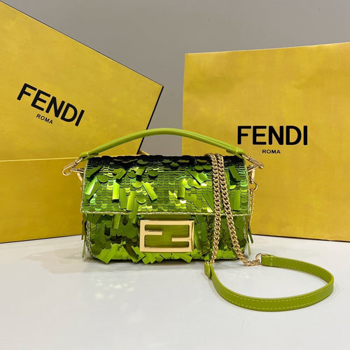 FENDI BAGUETTE MINI 19 IN LIMERICK GREEN SEQUINS GOLD HARDWARE