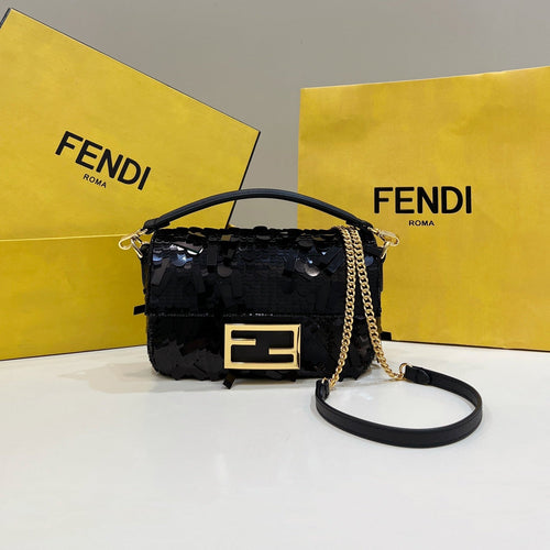 FENDI BAGUETTE MINI 19 IN BLACK SEQUINS GOLD HARDWARE