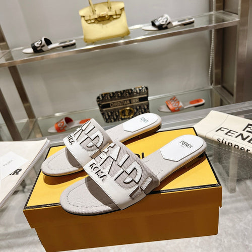 FENDI FF Women Roma Signature White Grey Canvas Leather Slide