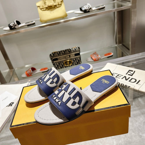 FENDI FF Women Roma Signature Blue Grey Canvas Leather Slide