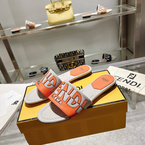 FENDI FF Women Roma Signature Orange Grey Canvas Leather Slide