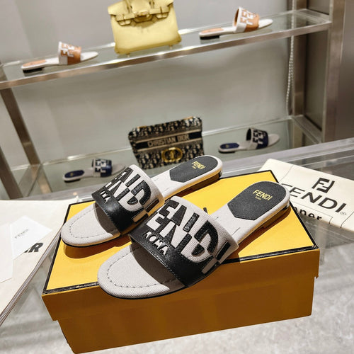FENDI FF Women Roma Signature Black Grey Canvas Leather Slide