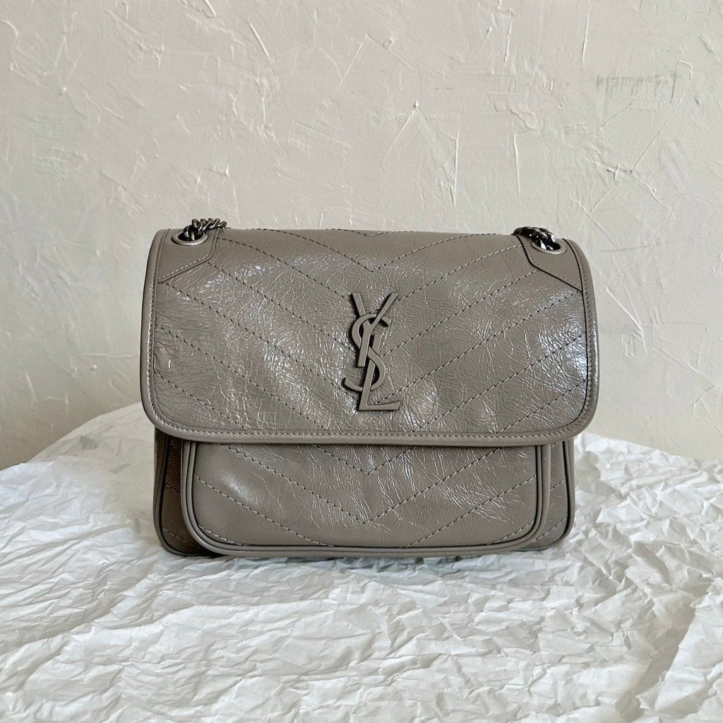 Saint Laurent YSL Niki Medium Bag 28cm Grey Crinkled Vintage Leather