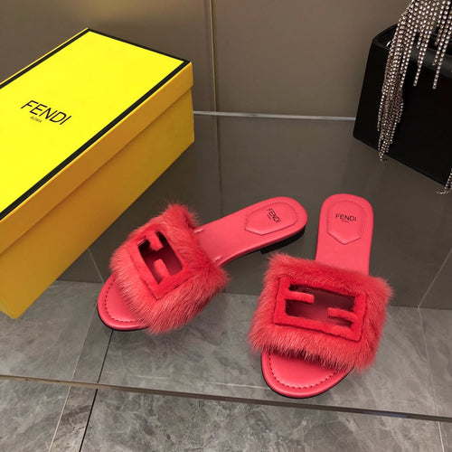 FENDI FENDI BAGUETTE MINK SLIDE SLIPPER IN CANDY RED FUR
